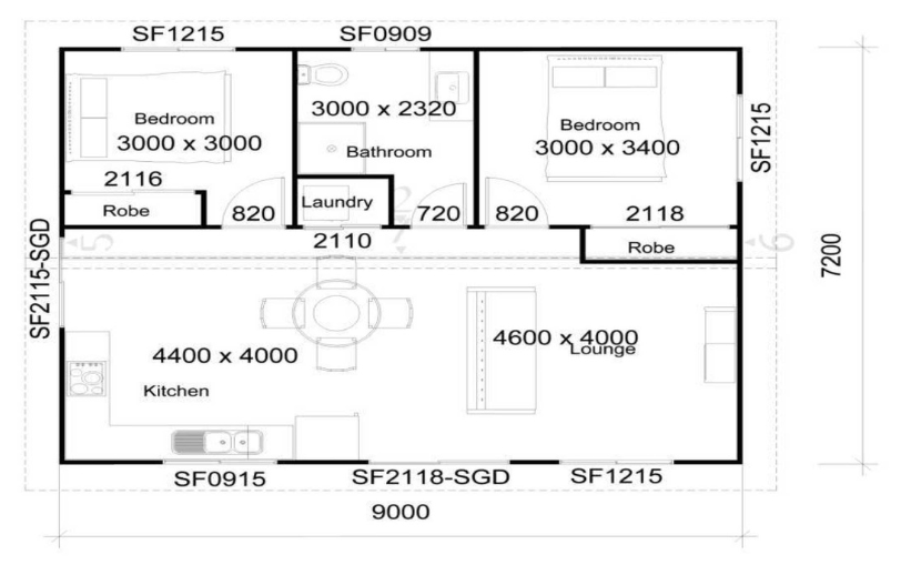 Floor plan of a house with kitchen, lounge, two bedrooms, bathroom, and laundry room.