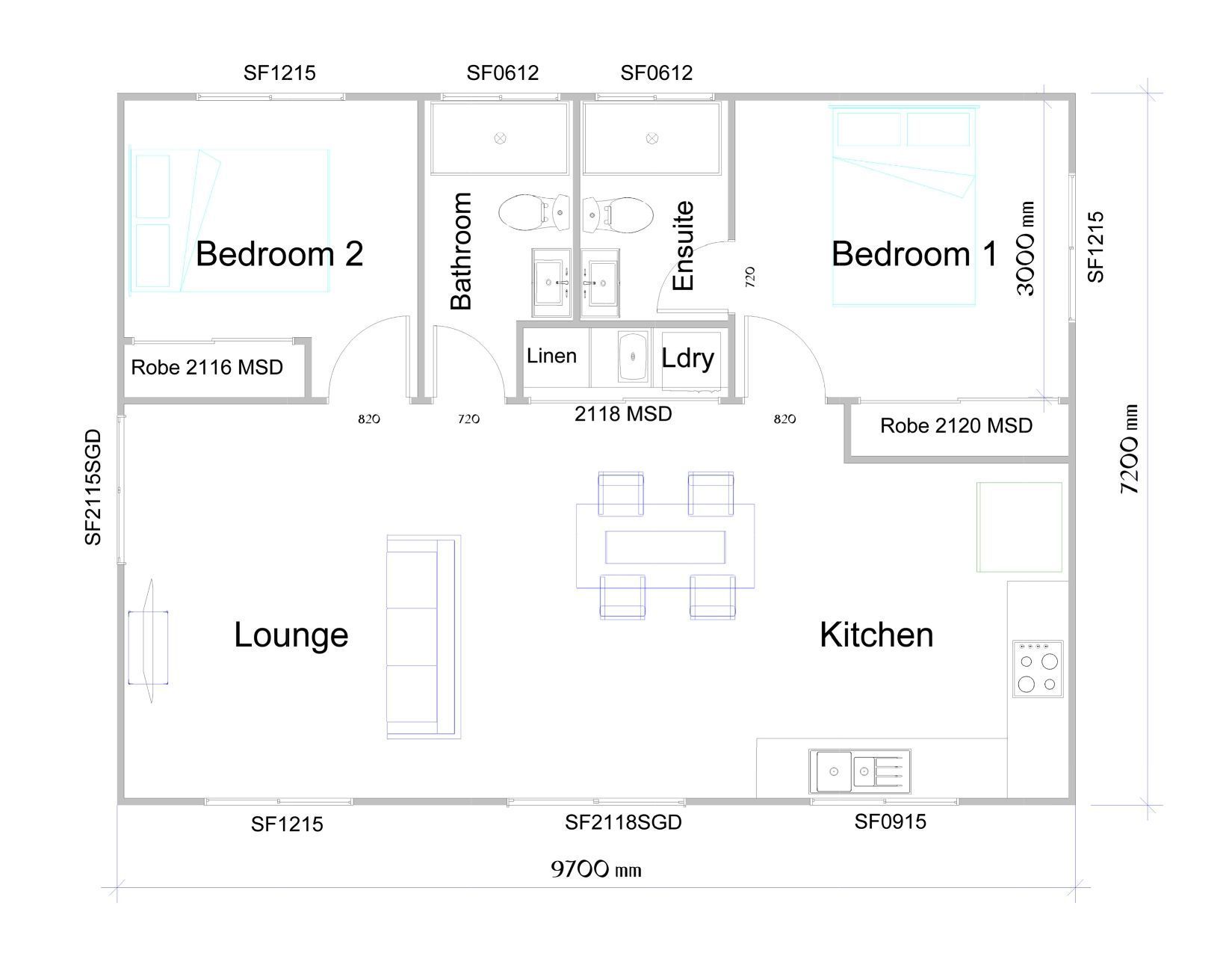Floor plan of a house with two bedrooms, kitchen, lounge, bathroom, and ensuite labeled with dimensions.