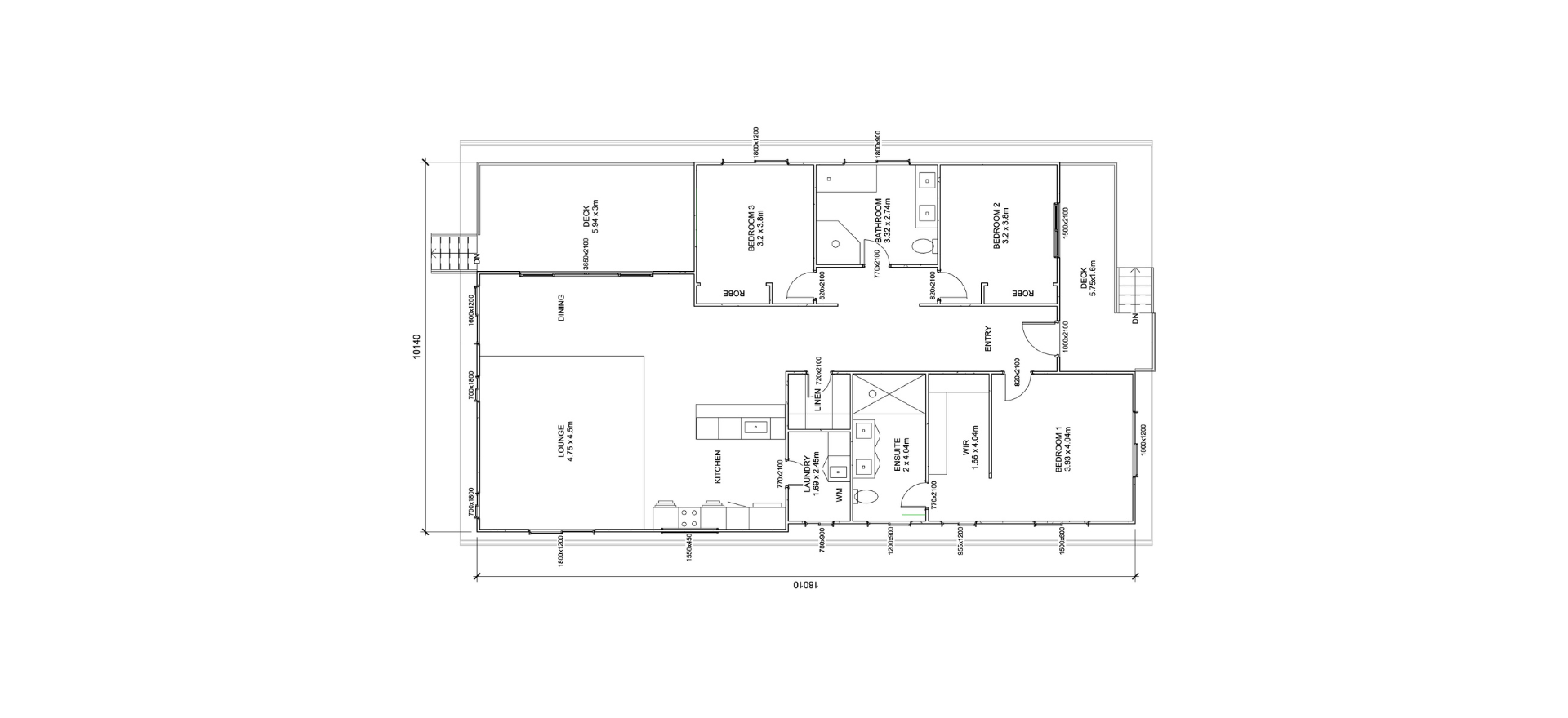 Floor plan with dimensions and labels of rooms: bedrooms, kitchen, bathroom, lounge, laundry, etc.
