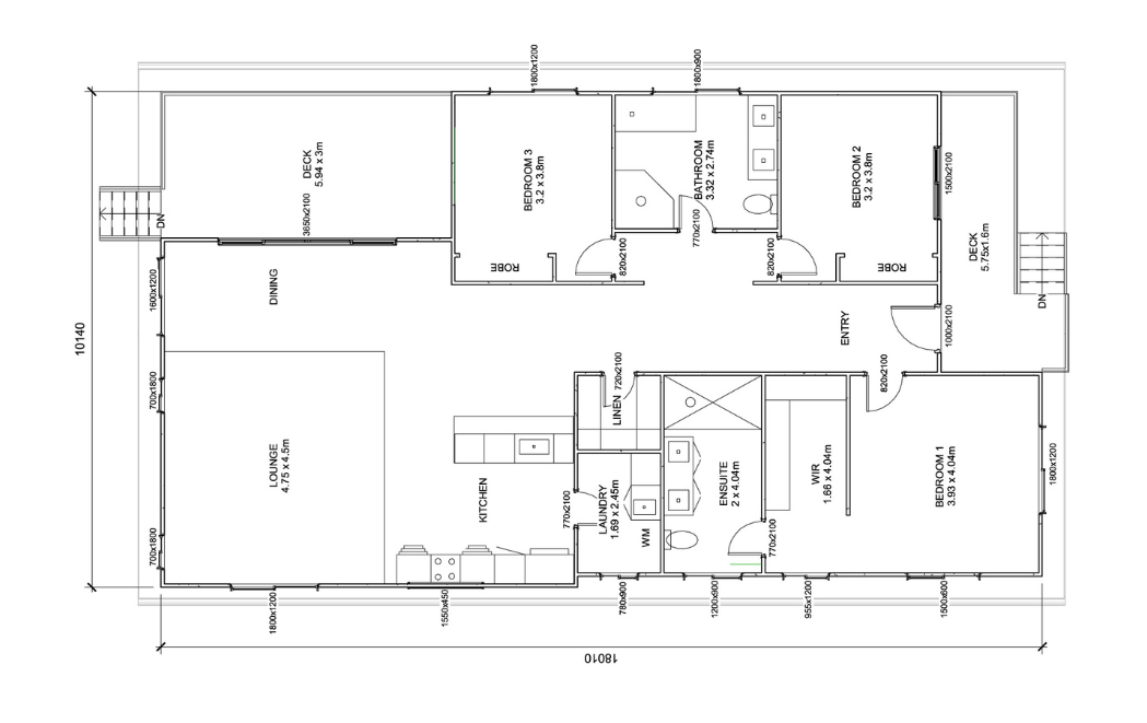 Floor plan with dimensions and labels of rooms: bedrooms, kitchen, bathroom, lounge, laundry, etc.