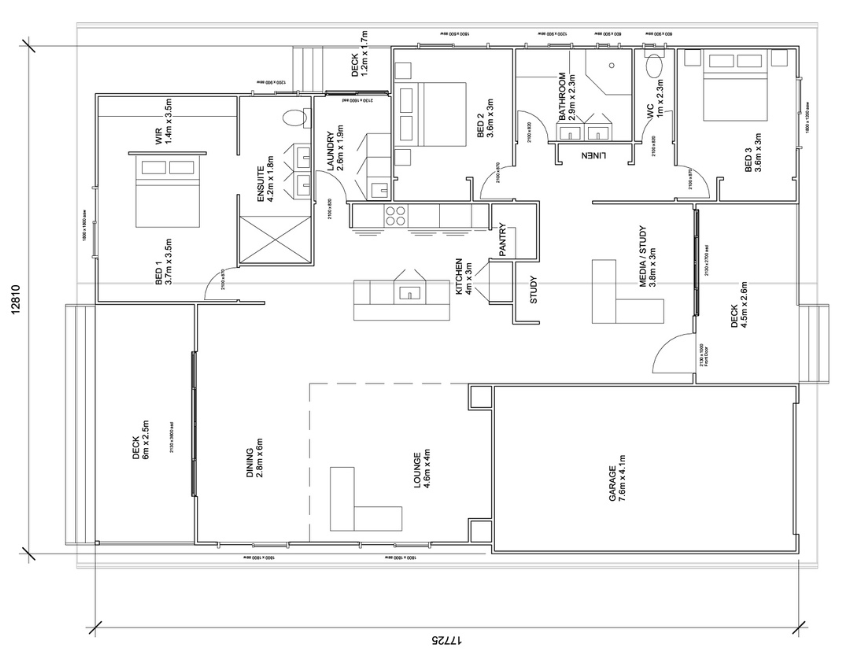 Architectural floor plan of a house with bedrooms, kitchen, living areas, and a garage.