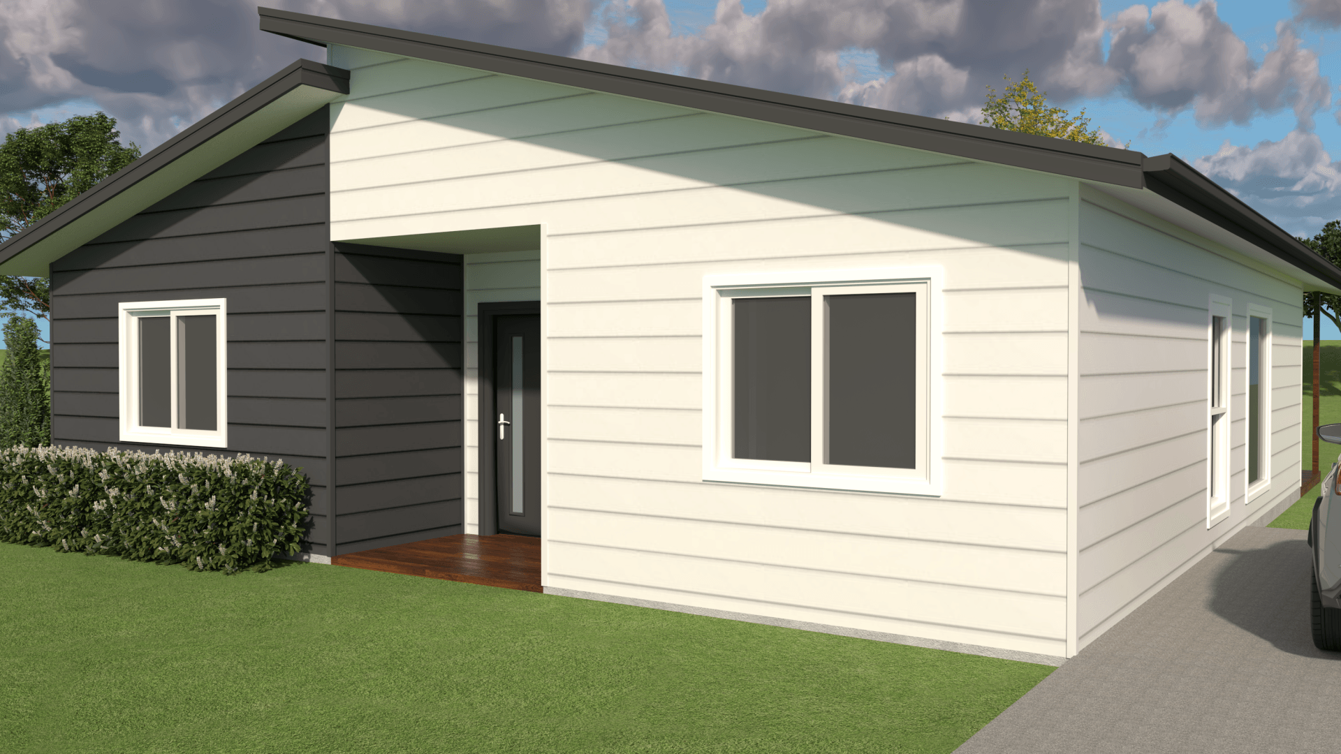 Modern home with attached garage, blue and white siding, car parked in driveway, green lawn.