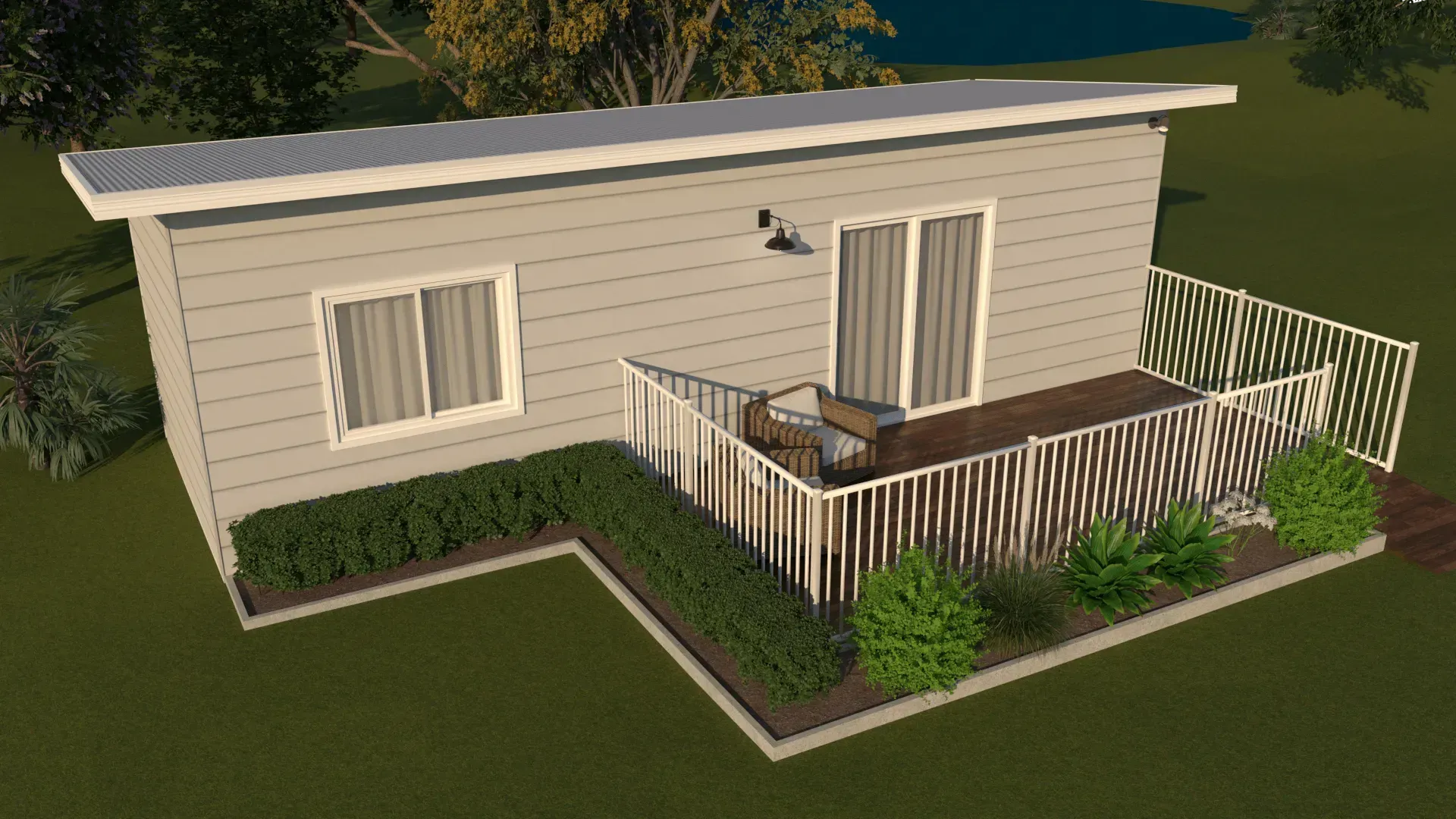 A modern, light gray house with a small deck and landscaping.