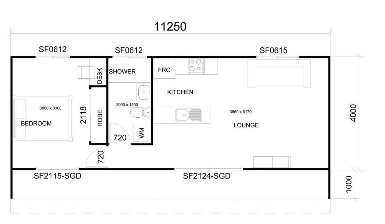 Floor plan of a rectangular house; includes a bedroom, bathroom, kitchen, and living area; black lines and labels.