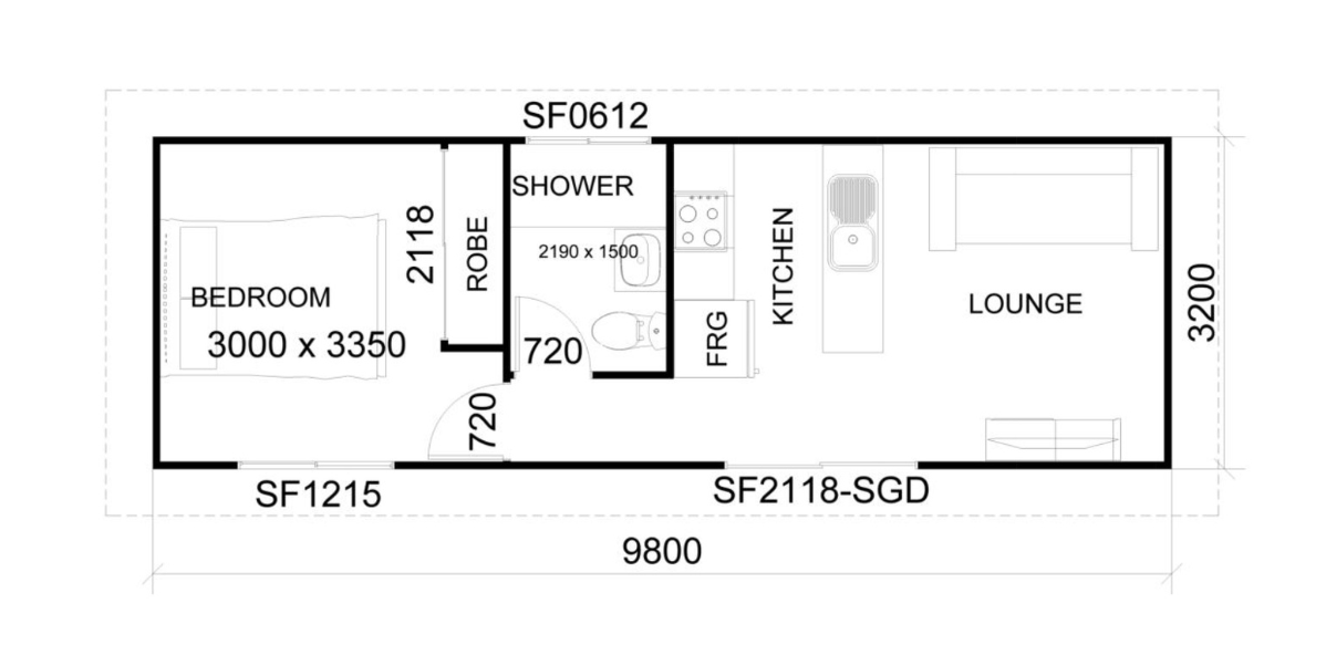 Floor plan of a small dwelling showing a bedroom, bathroom, kitchen, and lounge with dimensions labeled.