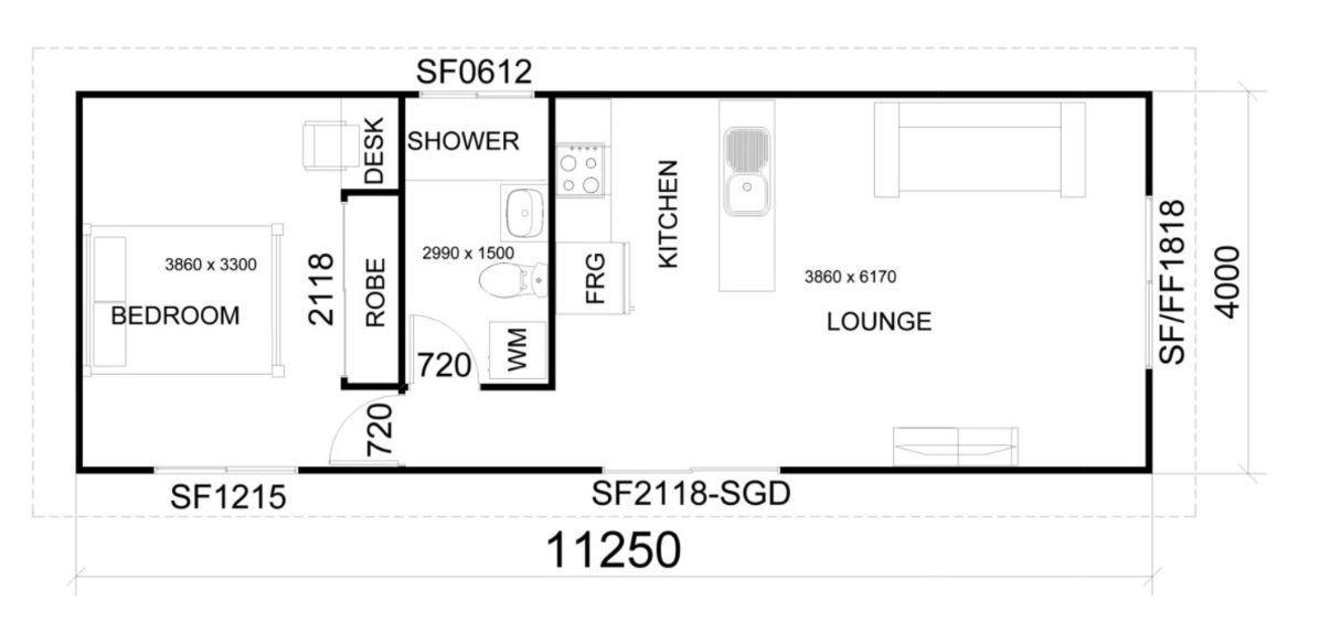 Floor plan of a rectangular building with labeled sections including bedroom, shower, kitchen, and lounge.