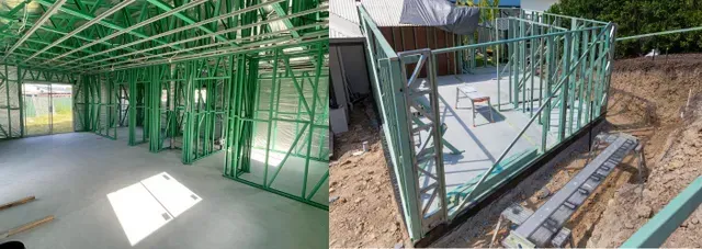 Two views of a building's green-framed structure: interior showing walls and ceiling and exterior showing foundation and frame.