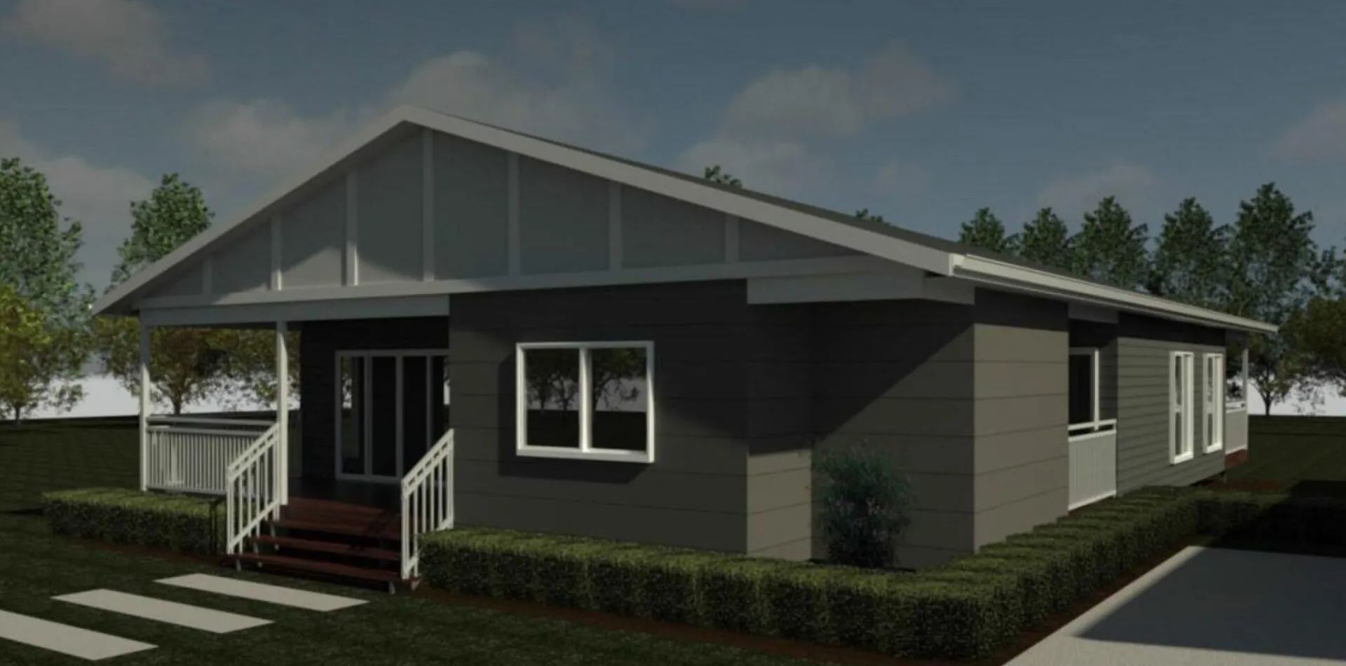 A modern dark gray house with a white trimmed porch and roof, surrounded by green trees and landscaping.