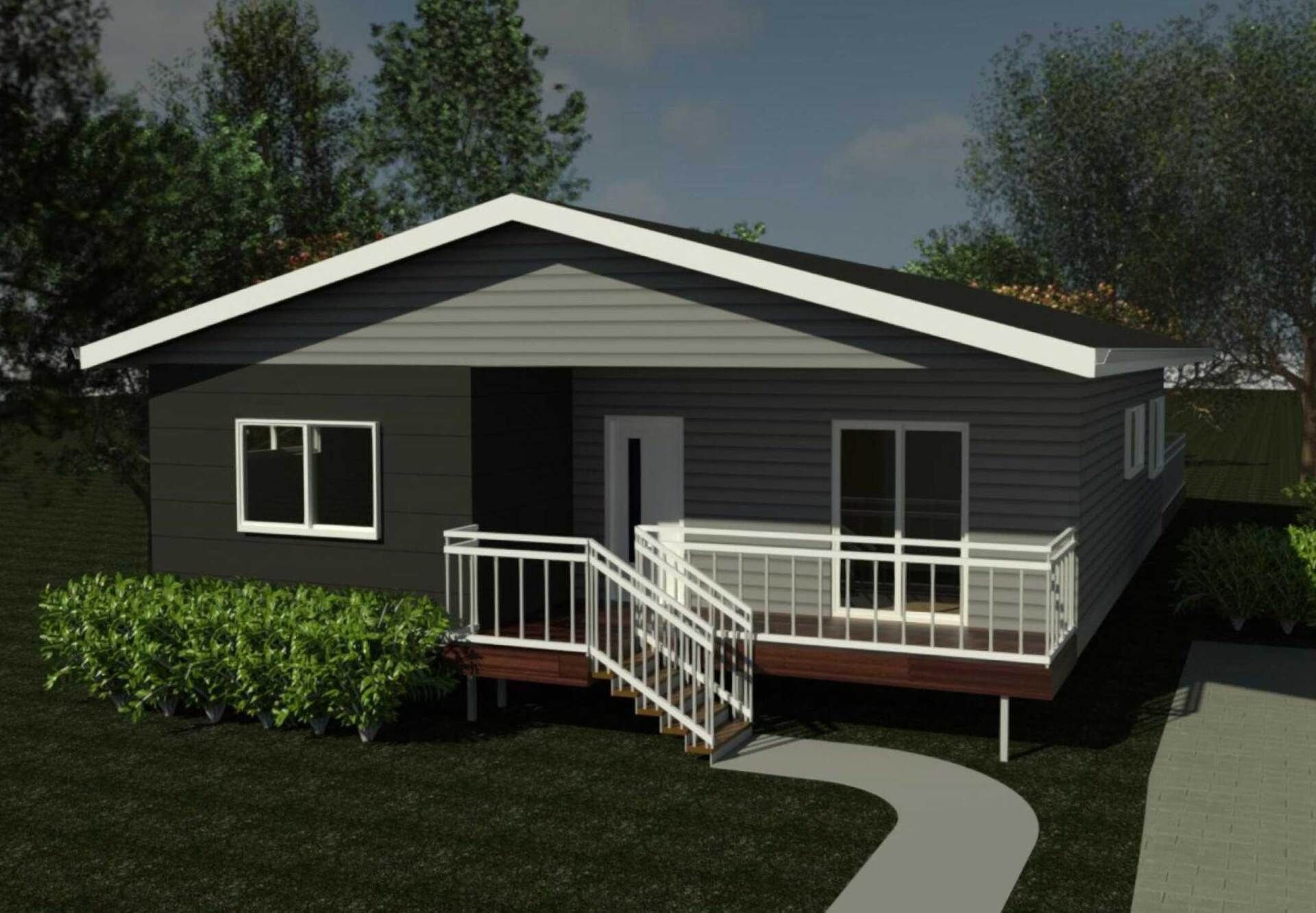 Rendering of a modern, gray-sided house with a porch, surrounded by trees and a walkway.