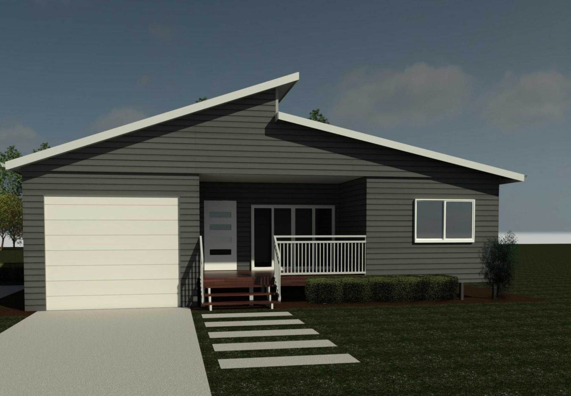 Modern gray house with angled roof, attached garage, and small porch.