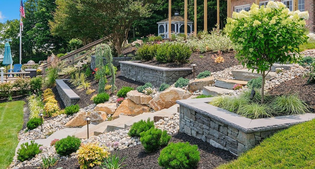 A lush green garden with lots of plants and rocks in front of a house.