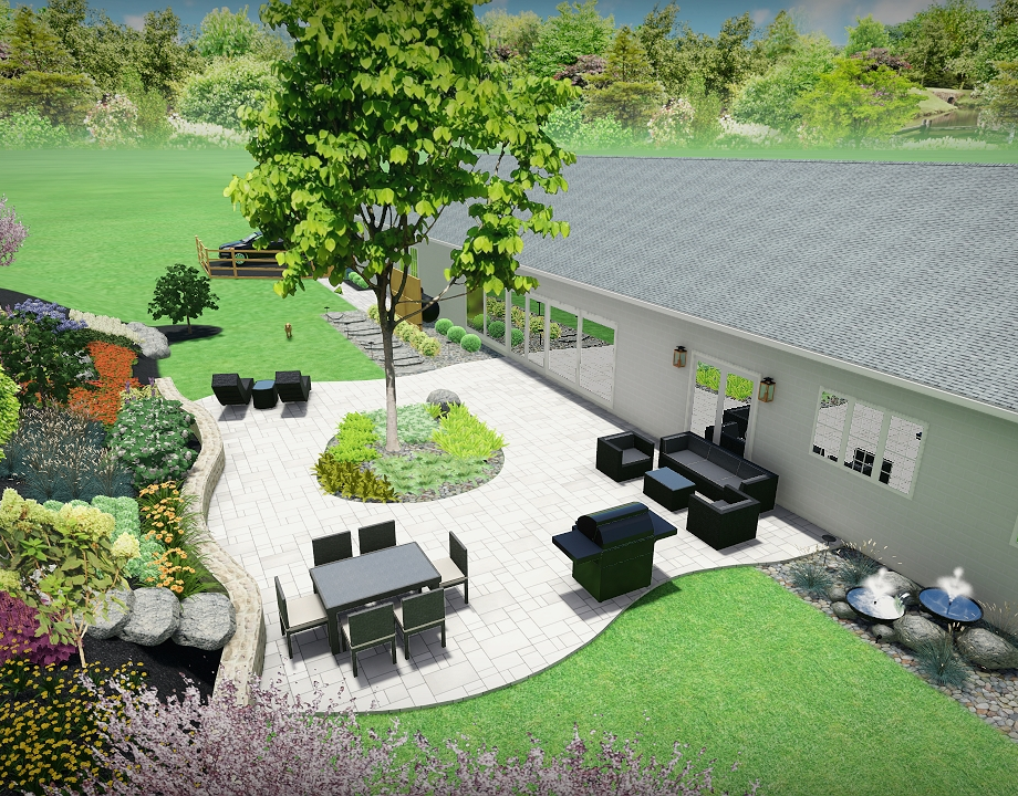 3D Design rendering of a backyard patio with outdoor furniture, landscaping, and a house.