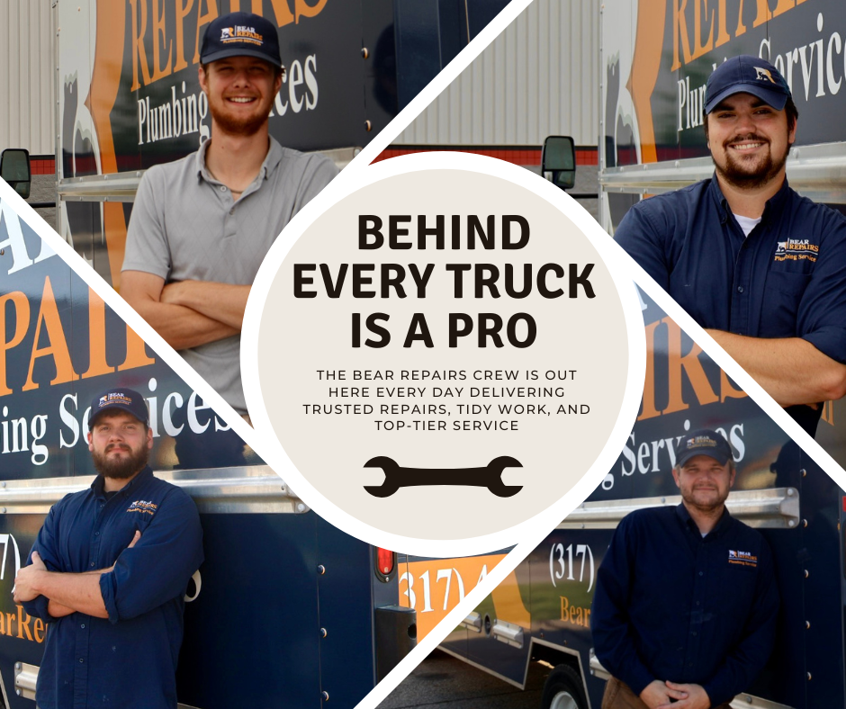 A Bear Repairs ad: smiling workers, trucks, and text overlay 