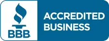 BBB Accredited Business badge with a flame design and blue background.