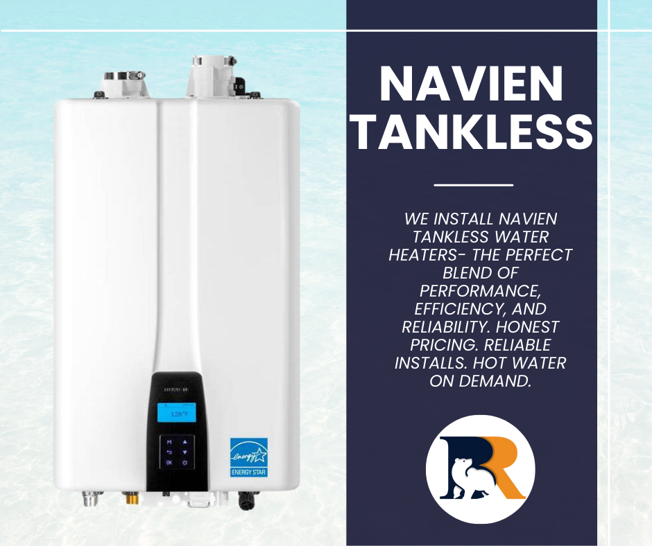 Navien tankless water heater advertisement. White heater, blue background with text, contact info, and logo.