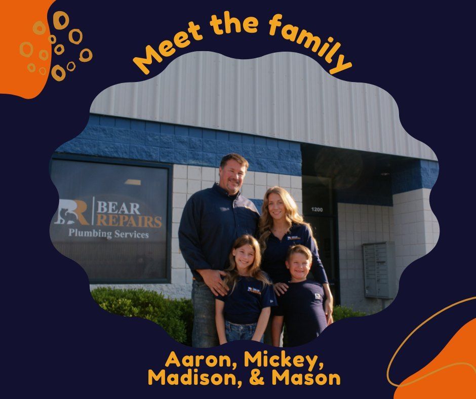 Family stands in front of Bear Repairs business: Aaron, Mickey, Madison, and Mason smiling, dark blue accents.