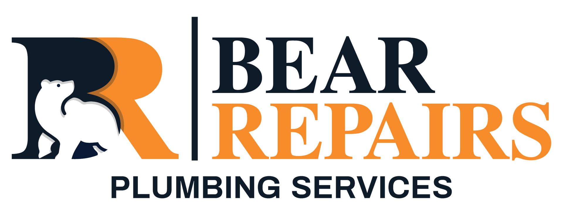 Logo for Bear Repairs Plumbing Services with a bear illustration inside the letter "R".