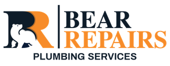 Logo for Bear Repairs Plumbing Services with a bear illustration inside the letter "R".