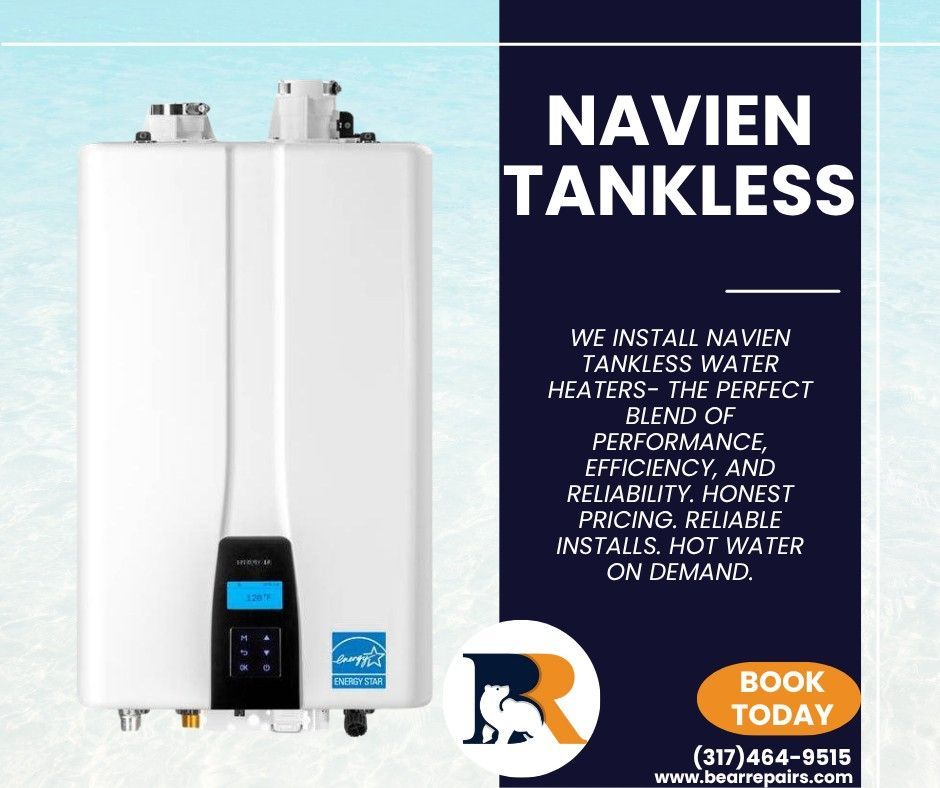 Navien tankless water heater advertisement. White heater, blue background with text, contact info, and logo.