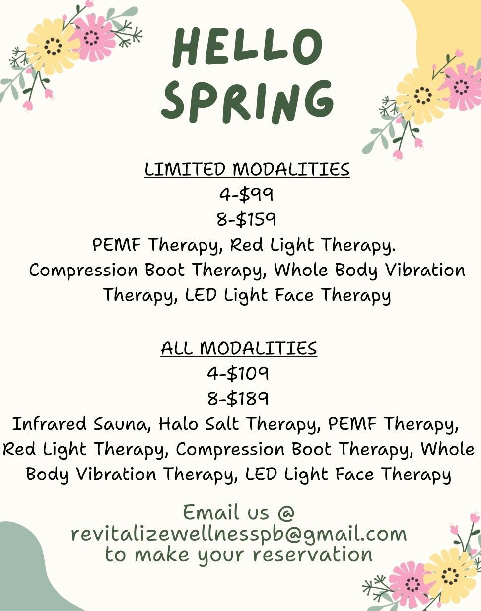 Holiday deals from Revitalize Wellness: Deals for therapies like PEMF, infrared, and Halo Salt.