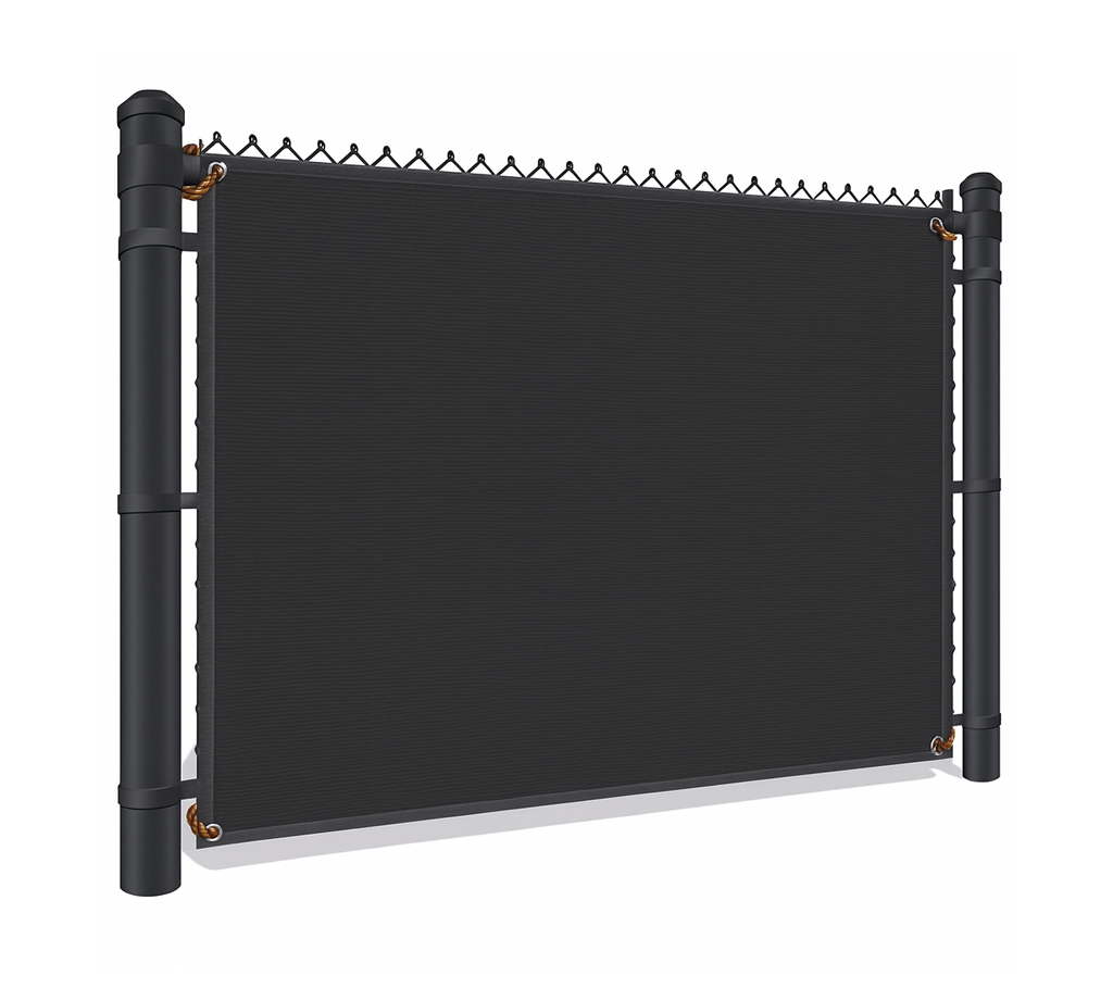 Black coated chain link privacy fence with black privacy screen rendering by McConnie Fence