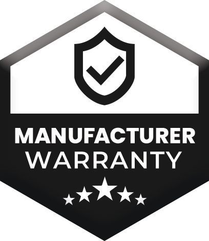 Black hexagon badge with a white shield icon containing a checkmark, text reading 