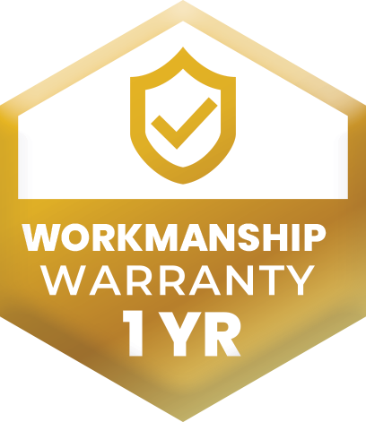 A gold hexagonal emblem featuring a shield icon with a checkmark and the text: WORKMANSHIP WARRANTY 1 YR.