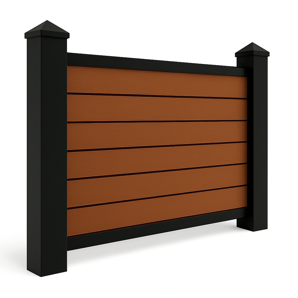 Black vinyl mixed material fence with wood slats rendering by McConnie Fence