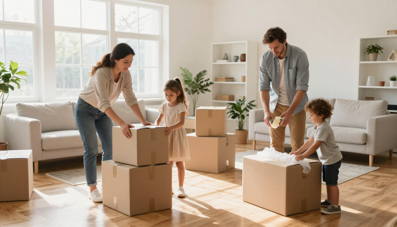A family preparing for a state-to-state move with cardboard boxes.