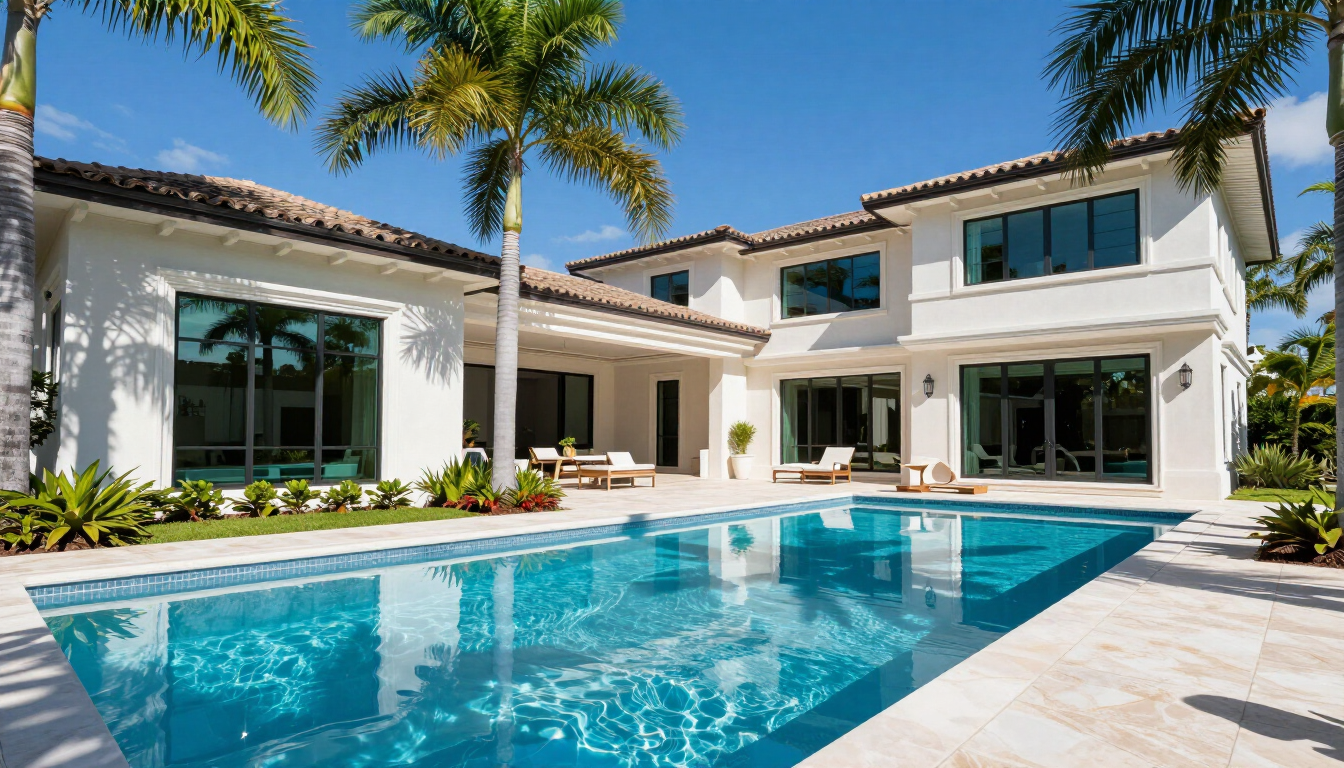 A beautiful Florida home with a private backyard swimming pool and palm trees.