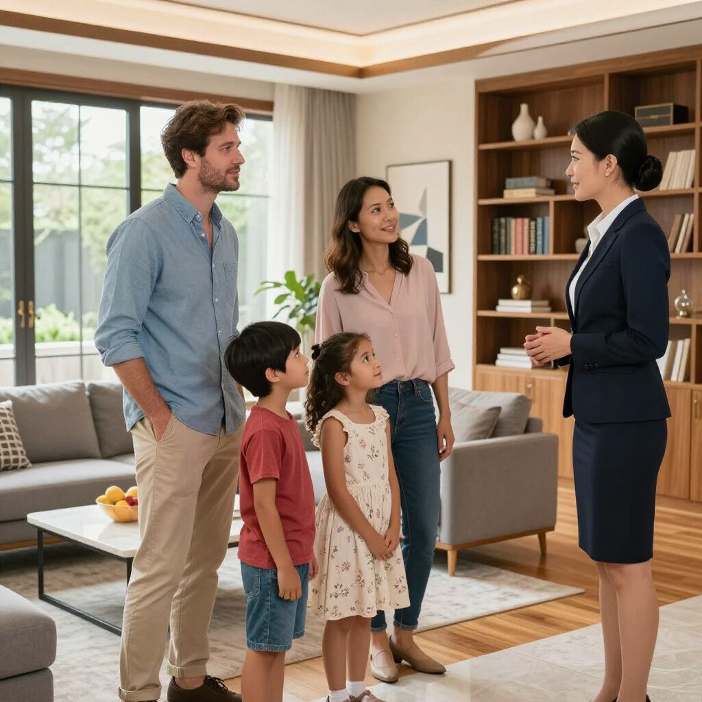 A family speaks with a professional in a modern, well-lit living room featuring a large bookshelf and seating area.