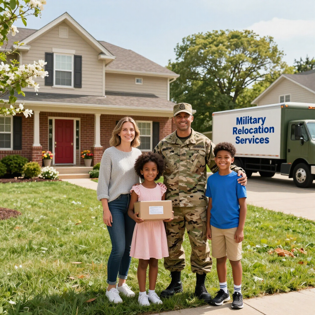 Family standing in front of a house with a Military Relocation Services truck in the driveway