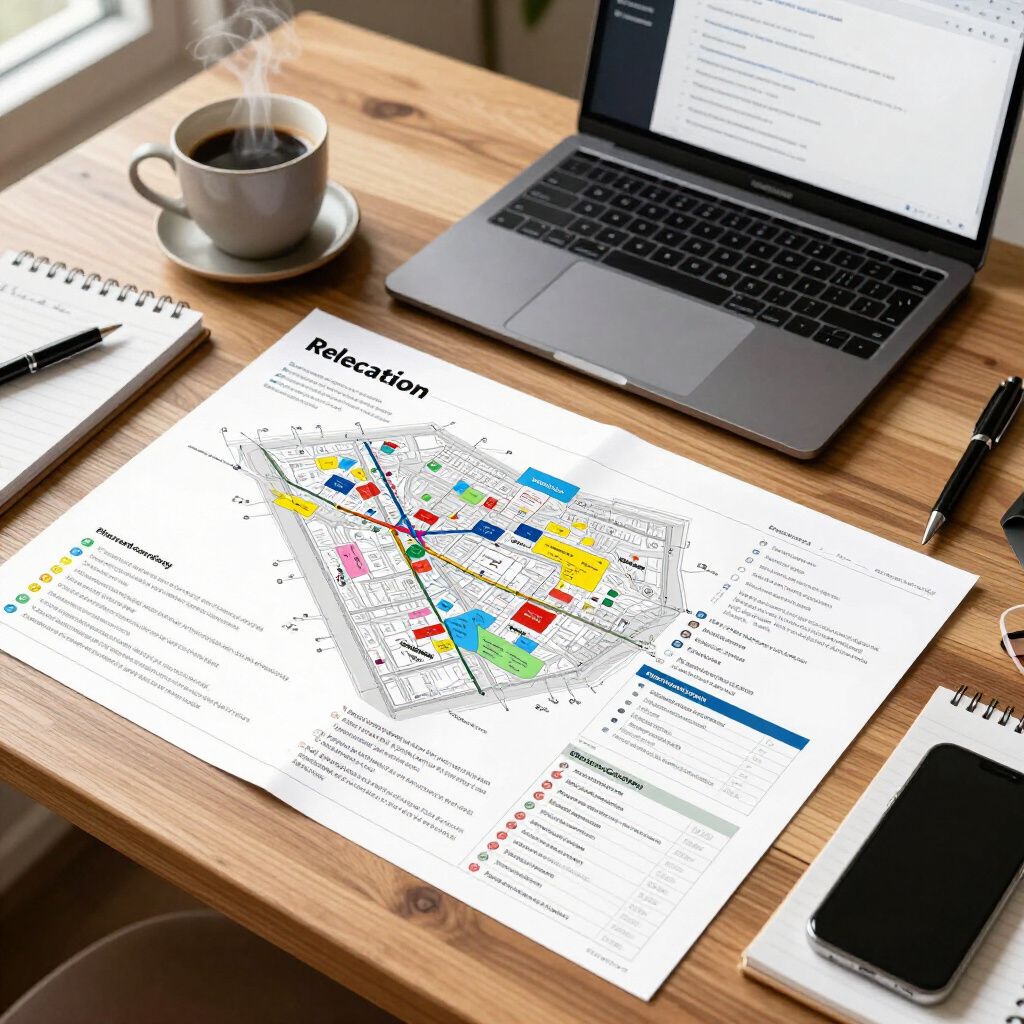 A desk with a laptop, a notebook, a smartphone, a steaming coffee cup, and a map titled 