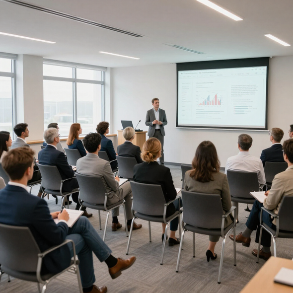 Business presentation in a bright conference room, with an audience seated and a speaker beside a projected slide.
