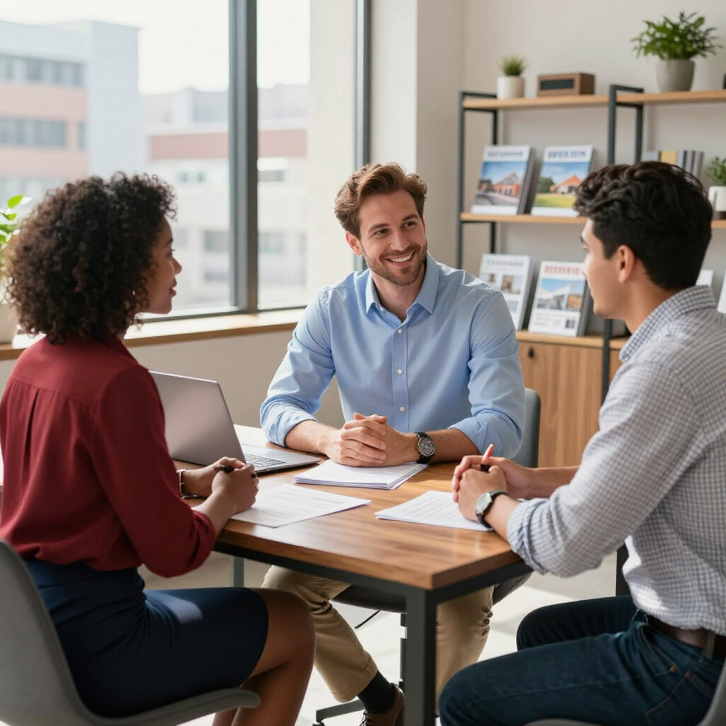 Three colleagues in a meeting at a table, smiling and discussing documents in a bright office.