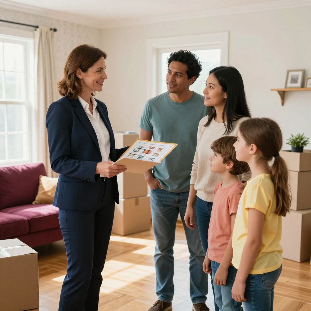 A professional in a suit speaks to a family in a home surrounded by moving boxes, holding a folder of documents.