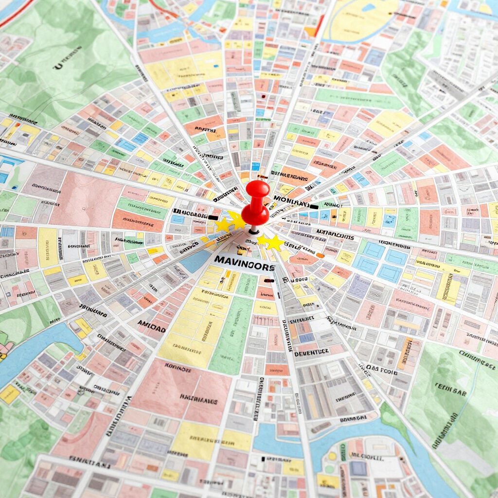 A red pushpin marks a central location on a stylized, radial city street map with colorful blocks.
