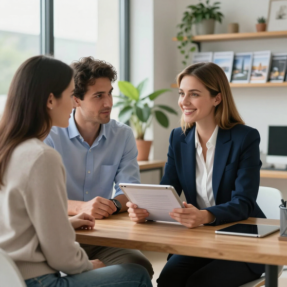 Three coworkers discussing documents at a wooden table in a bright office