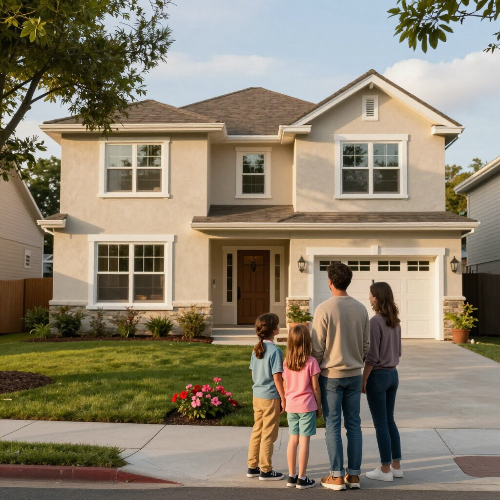 Family standing on a sidewalk looking at a two-story suburban house with a well-kept lawn