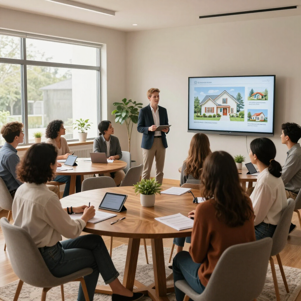 Business meeting in a bright conference room, with a presenter beside a screen showing a house illustration.