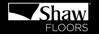 A black and white logo for shaw floors on a black background.
