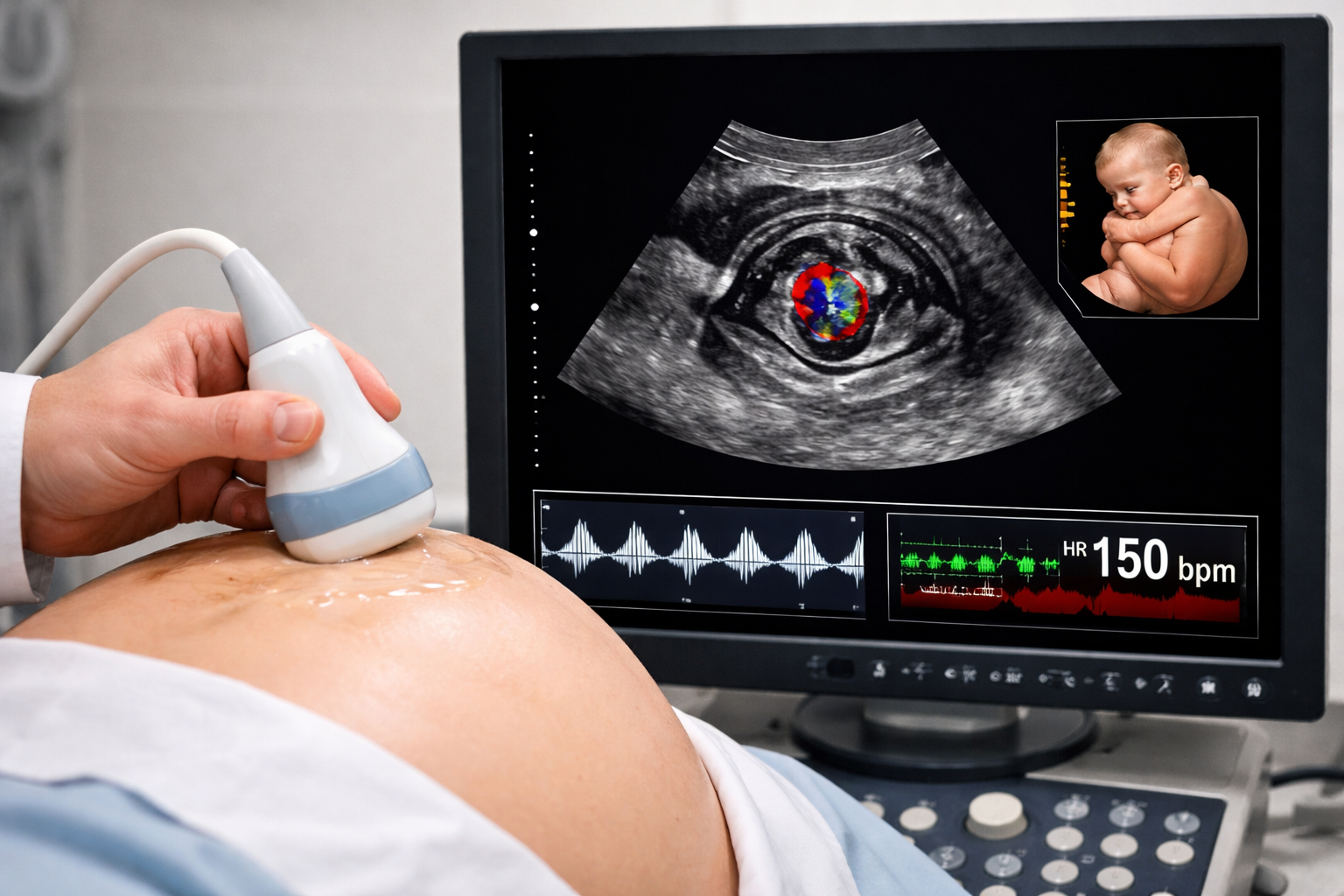 Uno schermo medico che mostra una mammografia accanto a un mammografo in una sala visite pulita e bianca.