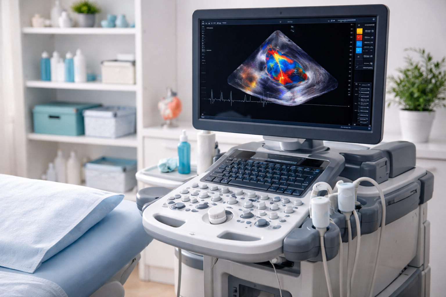 In un contesto clinico, un operatore sanitario esamina le mammografie e un'immagine ecografica digitale su un computer portatile.