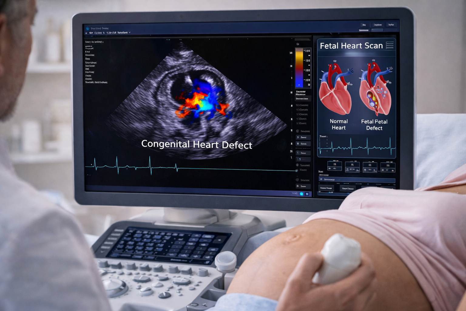 Una sala clinica dai toni azzurri, dotata di una grande macchina per la risonanza magnetica con un lettino per il paziente che si estende all'interno dello scanner.
