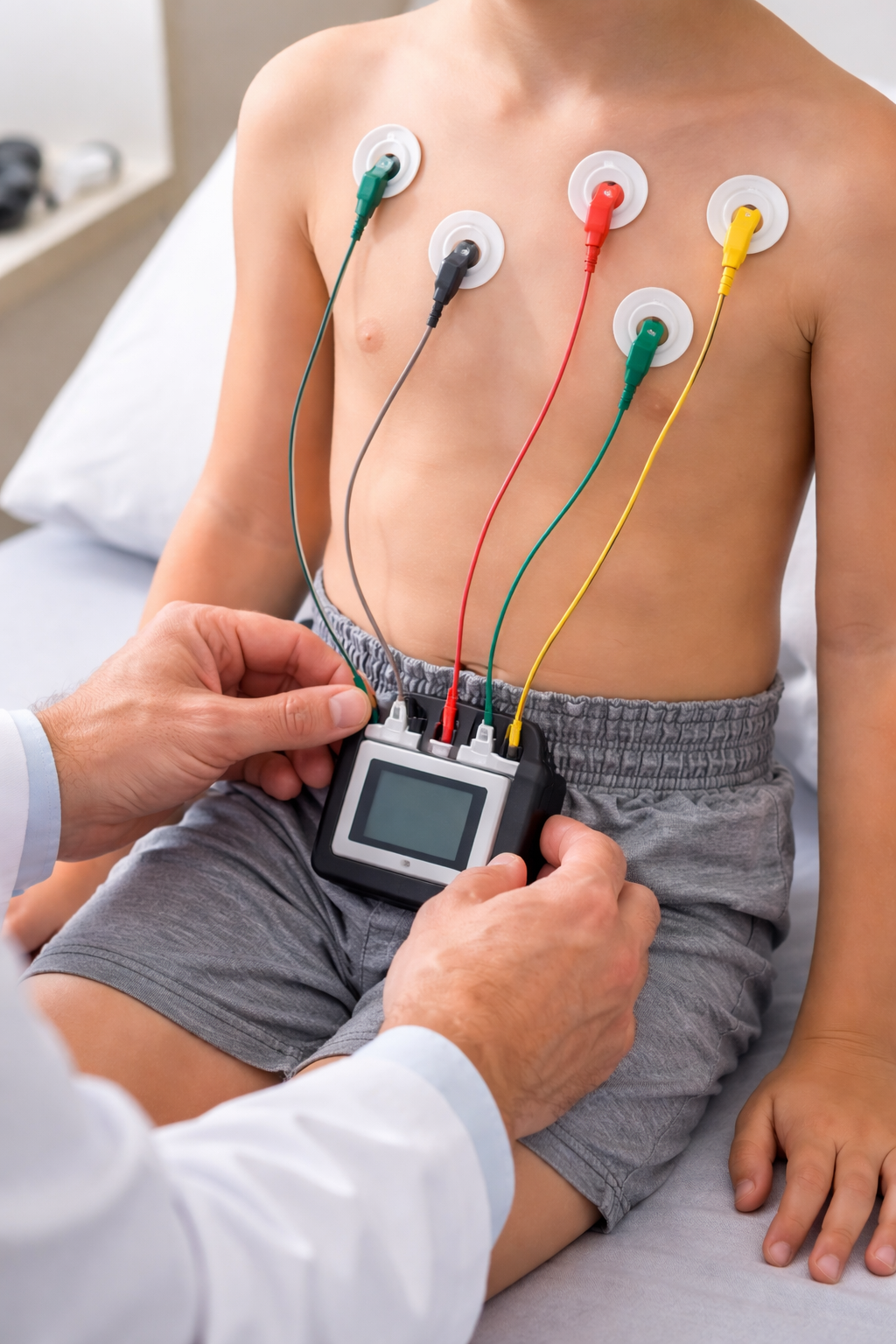 In una luminosa stanza clinica, un tecnico prepara un paziente sdraiato sul lettino di una TAC.