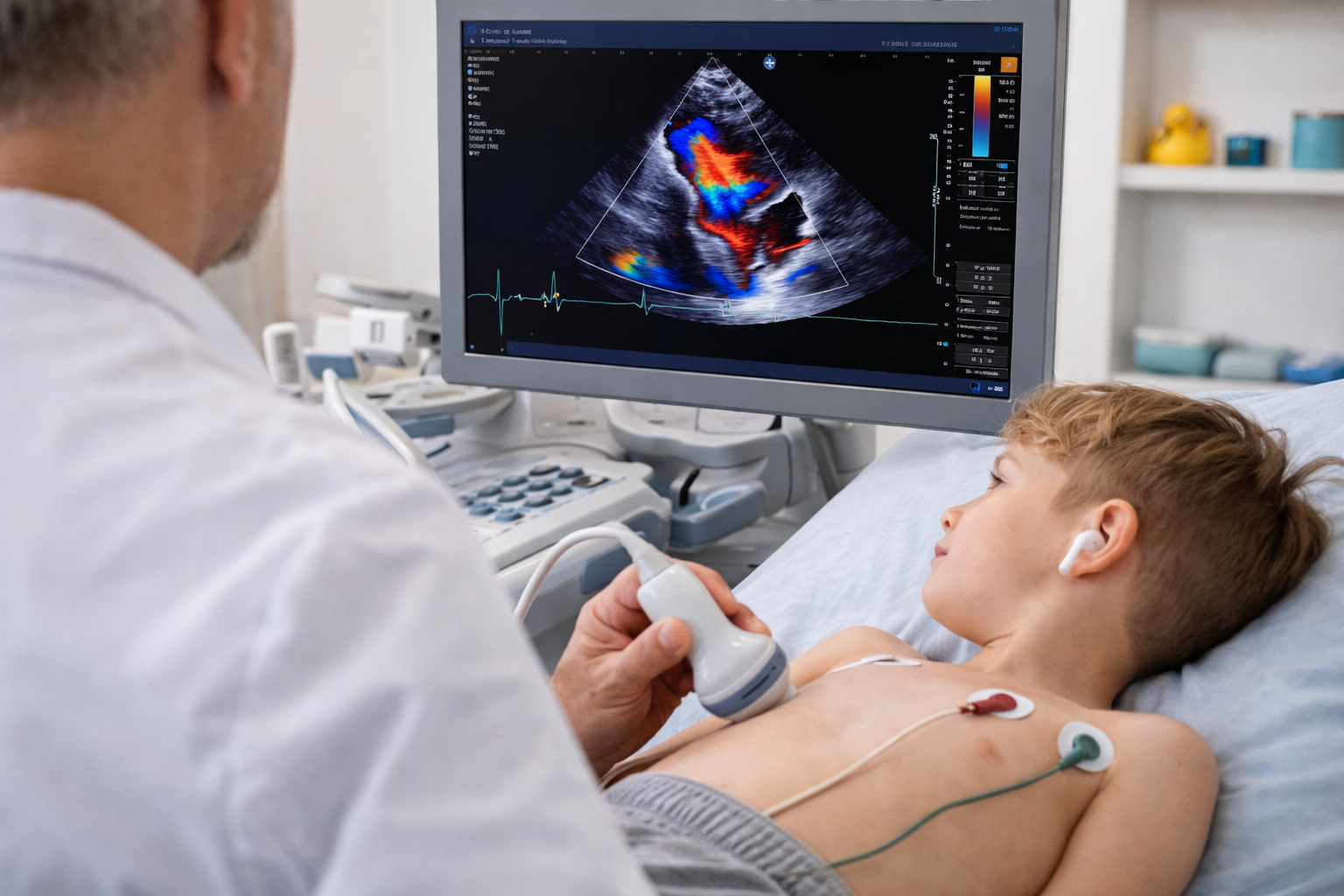 Una risonanza magnetica in una stanza medica con un letto per pazienti esteso di fronte ad essa, mostrata in una fredda tonalità monocromatica blu.