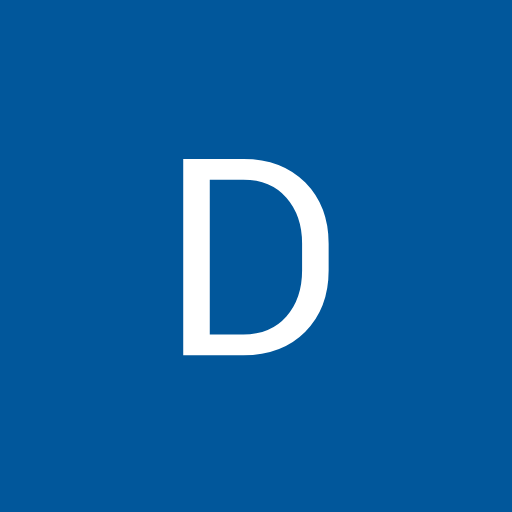 White letter D on a blue square background