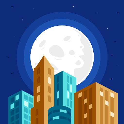 Stylized city skyline at night with glowing moon and stars behind tall buildings.
