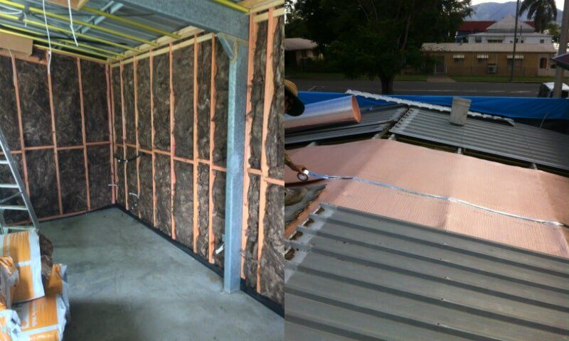 Earthwool wall insulation batts installed in shed walls with aircell blanket on roof