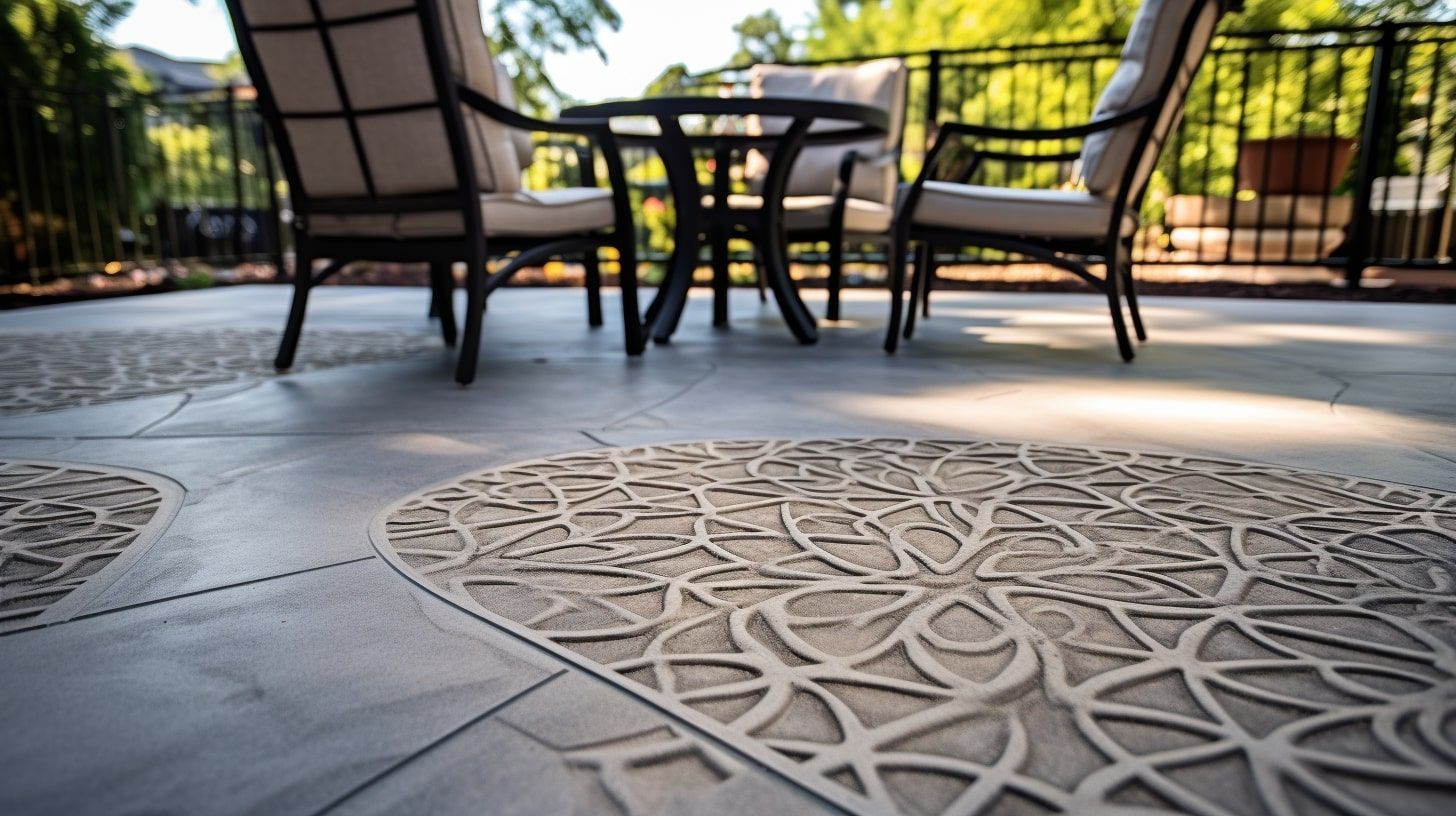 A patio with a table and chairs and a rug on the floor.